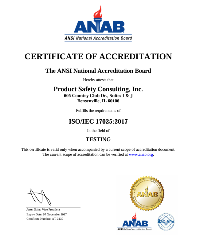 Product Safety Consulting Achieves ANAB/ILAC Accreditation